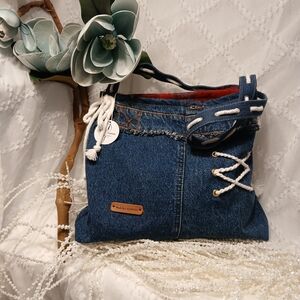 Casual Denim Blue Shoulder Bag with Lace-Up Detail
